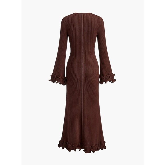 Commense Knit Maxi Sweater Dress XL Brown Burgundy Ruffle Ribbed - Picture 2 of 10